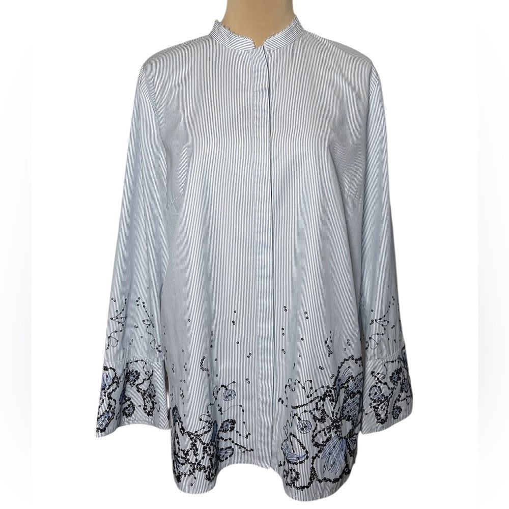 Escada Sport Sequin Embroidered Tunic Blouse Blue & White Pinstripe Size Large